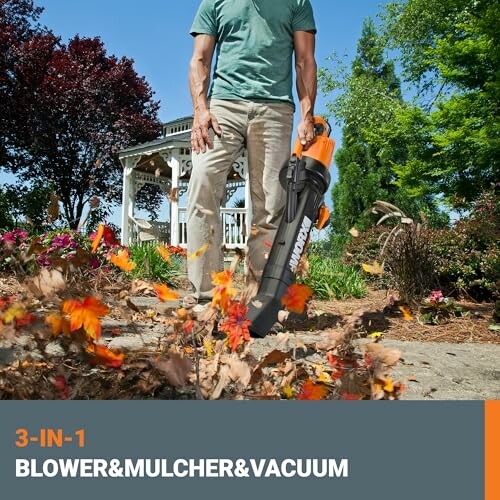 Person using 3-in-1 blower, mulcher, and vacuum in garden.