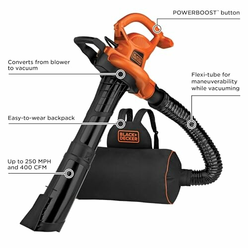 Black & Decker blower vacuum with backpack and flexi-tube.