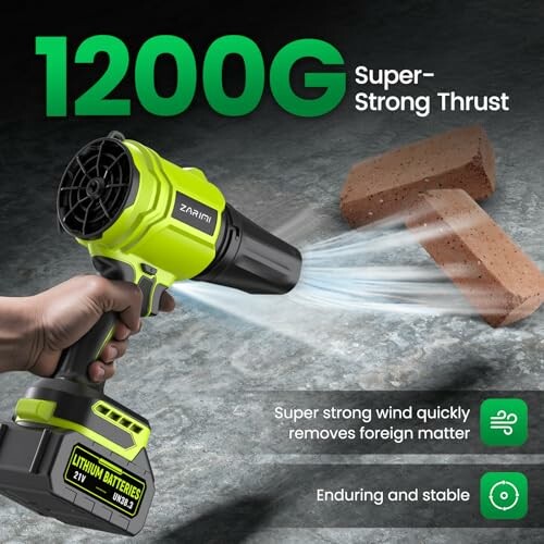 Cordless blower demonstrating super strong thrust with two bricks.