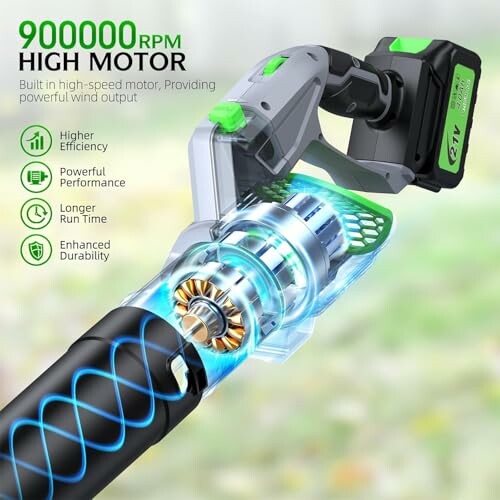 Cordless leaf blower with 900000 RPM high-speed motor and enhanced durability.