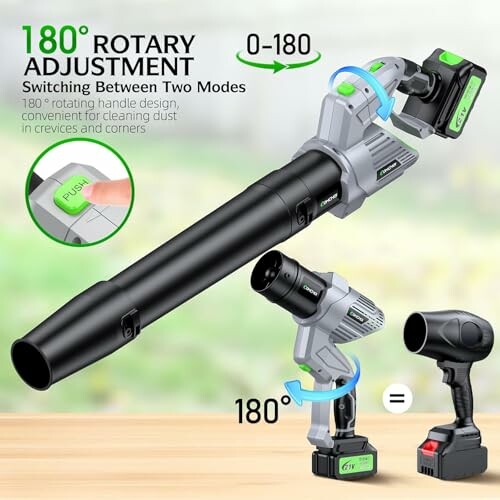 Cordless leaf blower with 180-degree rotary adjustment feature.