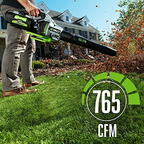 Person using a cordless leaf blower on grass with leaves.