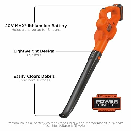 Orange cordless leaf blower with features labeled: 20V MAX lithium ion battery, lightweight design, easily clears debris.