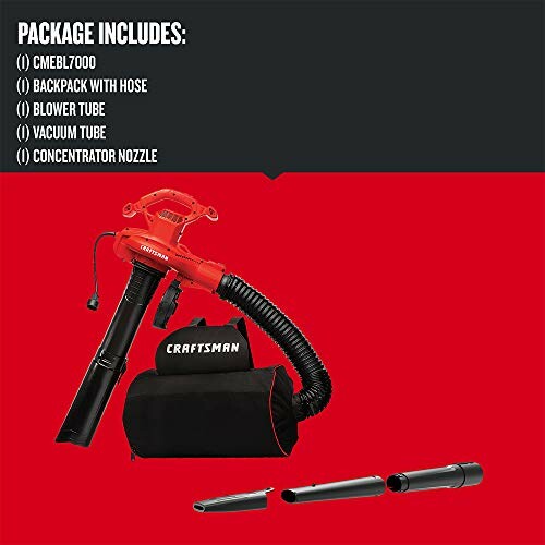 Craftsman leaf blower with backpack, blower and vacuum tubes, and nozzle.