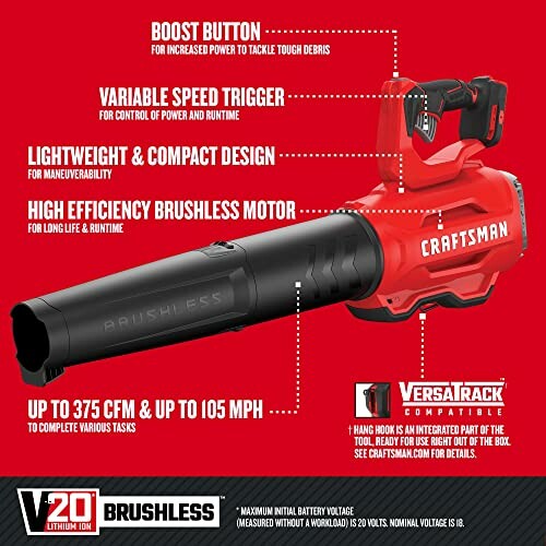 Craftsman V20 brushless leaf blower with features highlighted.