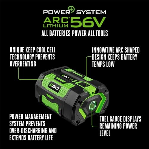 EGO Power+ 56V ARC Lithium battery with features highlighted.