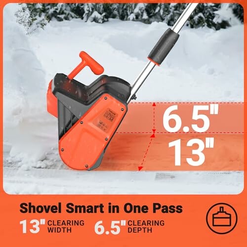 Electric snow shovel showing 13-inch clearing width and 6.5-inch clearing depth.