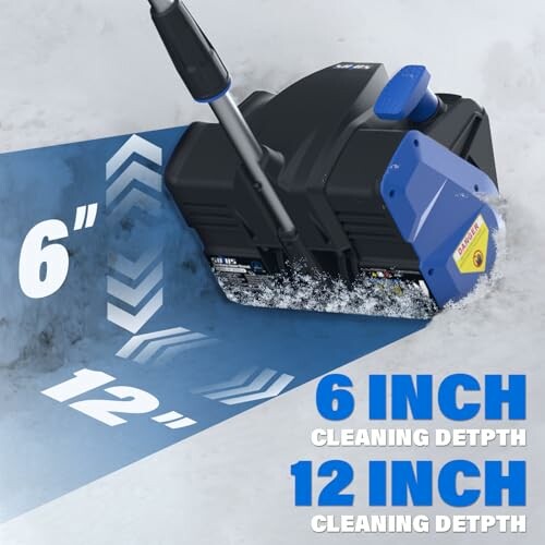 Electric snow shovel showing 6 inch and 12 inch cleaning depth.