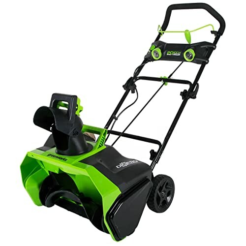 Green electric snow blower with wheels and handle