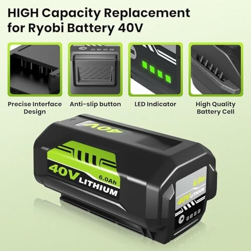 High capacity replacement for Ryobi 40V battery with features like precise interface and LED indicator.