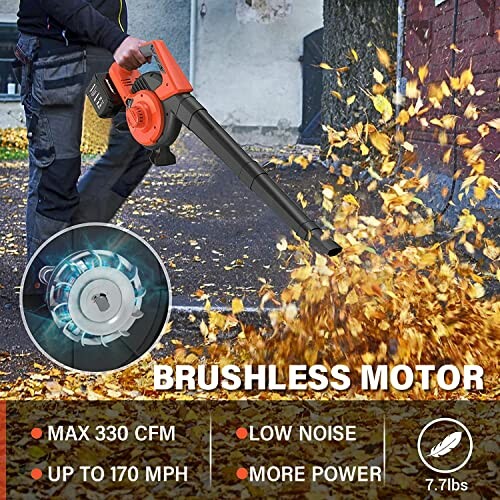 Person using a leaf blower with brushless motor on autumn leaves.