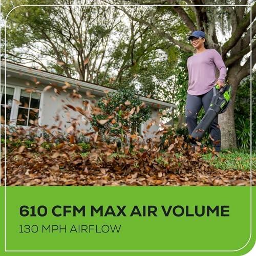 Person using a leaf blower in a garden with leaves flying.