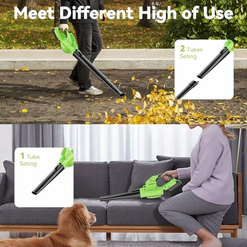 Person using a leaf blower outdoors and indoors with different tube settings.