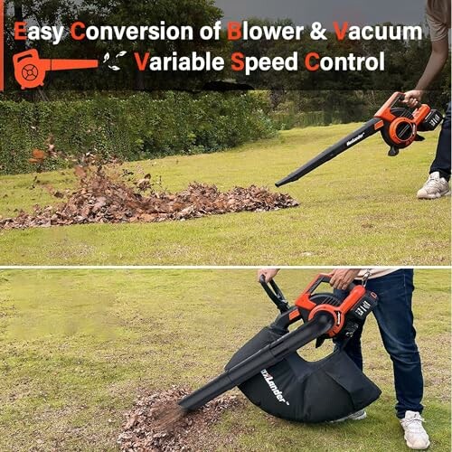 Leaf blower and vacuum in use, demonstrating conversion and variable speed control.