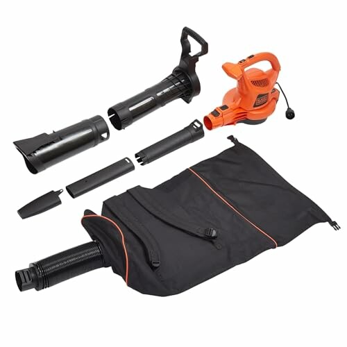 Disassembled leaf blower vacuum with bag and attachments.