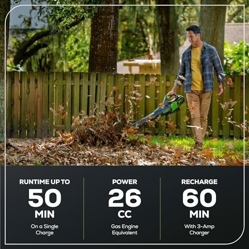 Man using a leaf blower in a yard with runtime and power details displayed.