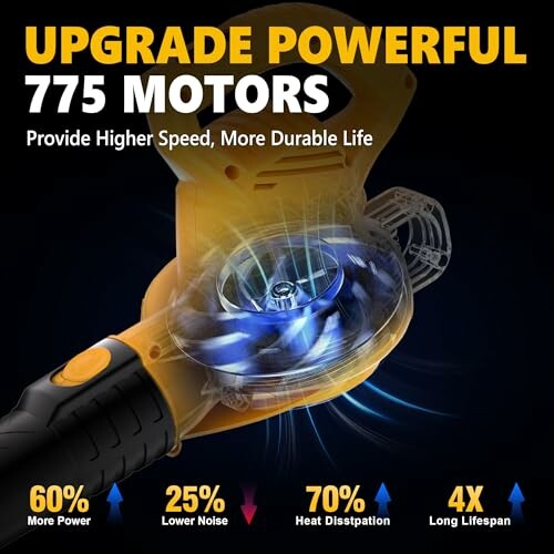 Promotional image highlighting the upgrade to powerful 775 motors with benefits.