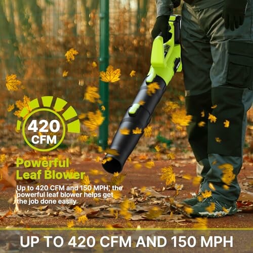 Person using a powerful leaf blower with leaves scattered around.