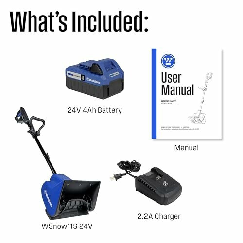 Contents of snow blower package including battery, manual, charger, and snow blower.