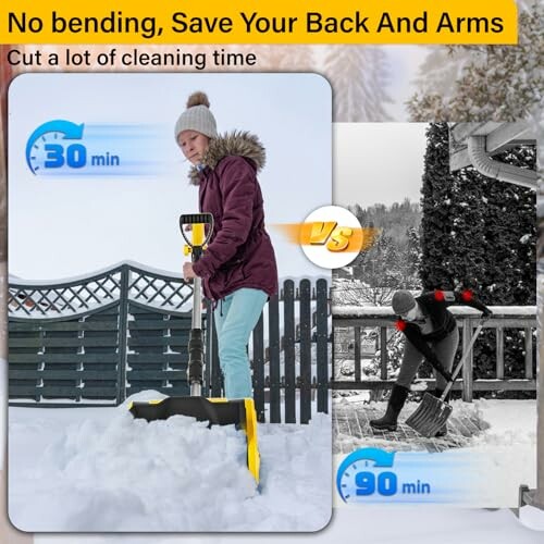 Comparison of snow shoveling methods: ergonomic shovel vs traditional.