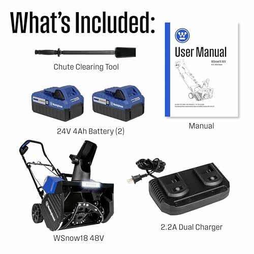 Contents of WSnow18 48V Snow Blower package including chute clearing tool, two 24V 4Ah batteries, user manual, and dual charger.